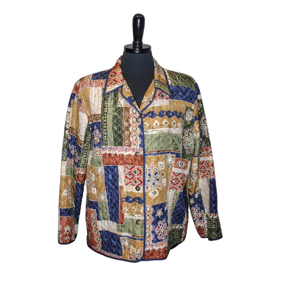 Vintage Alfred Dunner Silk Jacket Lightweight Patchwork Print Size 16P - Picture 1 of 3